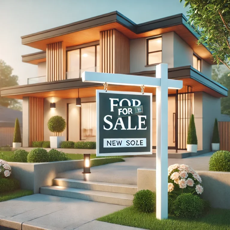 Casa contemporanea con un cartello 'For Sale' nel giardino, simbolo di nuovi propositi e opportunità immobiliari nel 2025.