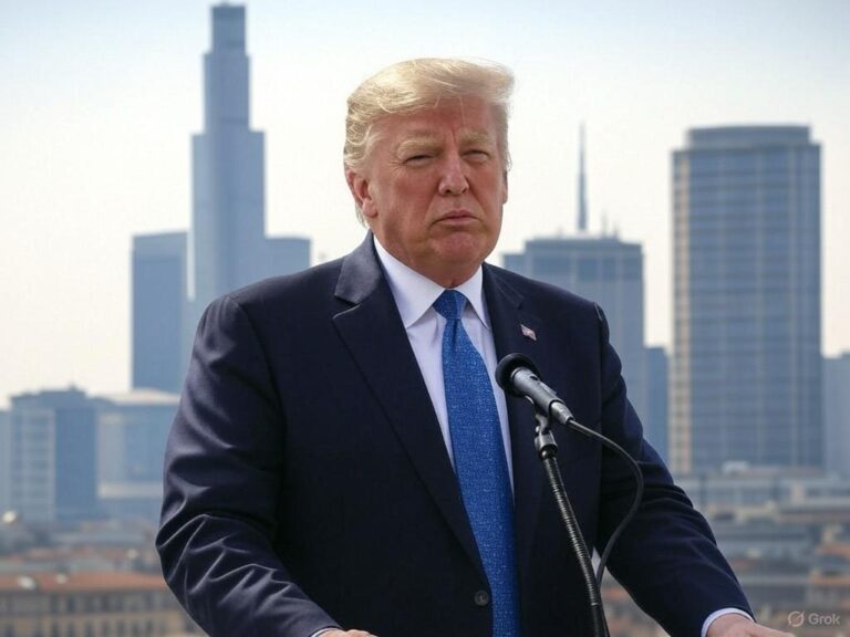 Il presidente Trump con lo skyline di Milano sullo sfondo, a simboleggiare l'impatto dei dazi USA sul mercato immobiliare italiano.