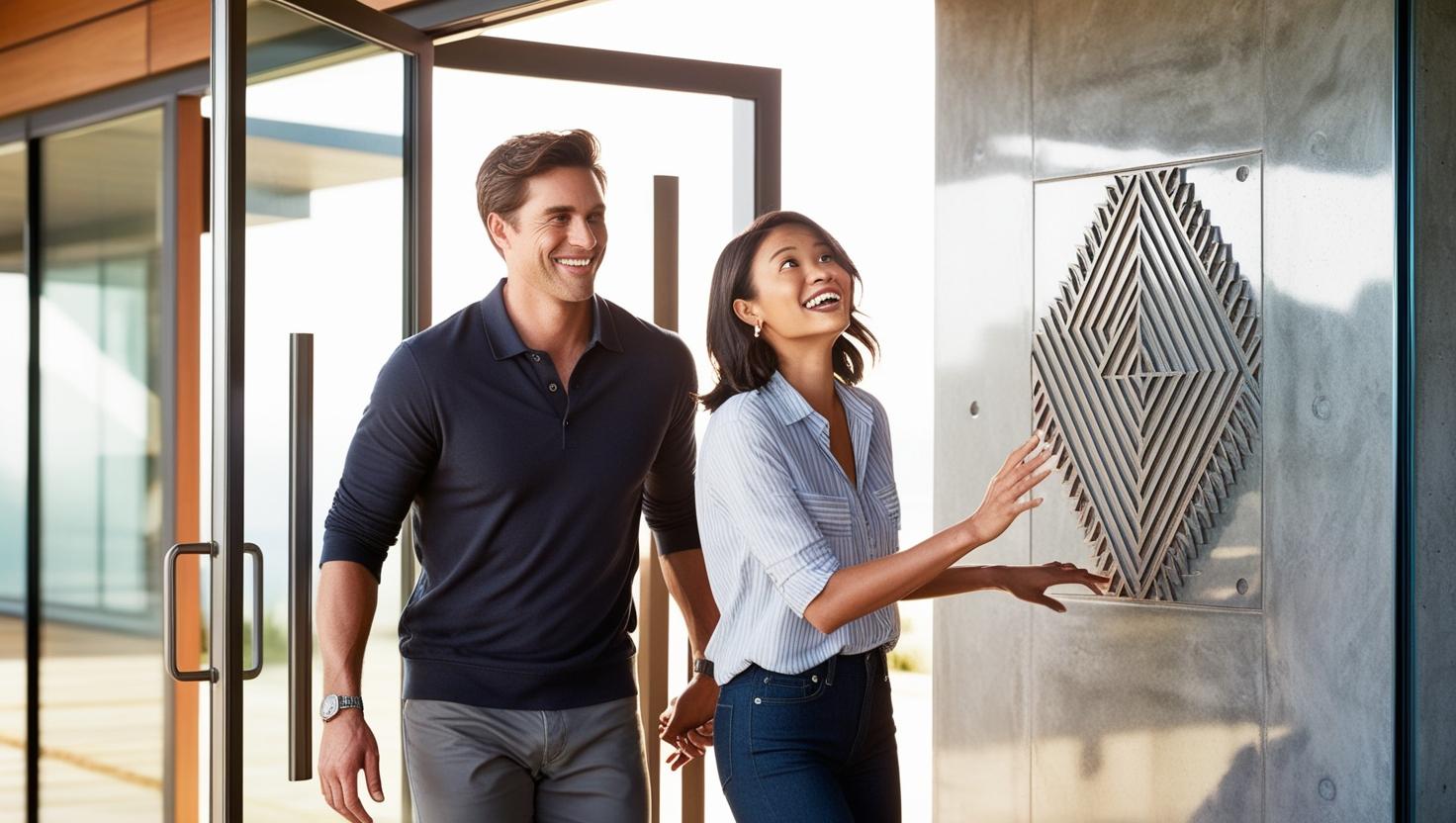 Coppia sorridente entra in una casa moderna e vive un'esperienza emozionante scoprendo i dettagli architettonici dell'immobile