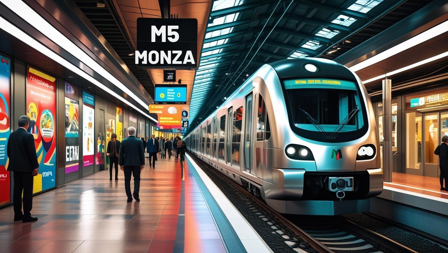 Rendering della futura metropolitana M5 a Monza con treno in stazione e passeggeri in attesa, simbolo dell’impatto sul valore immobiliare locale
