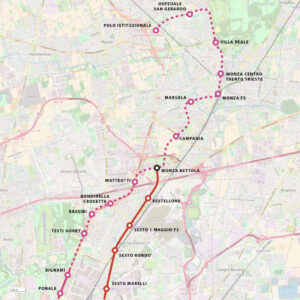Mappa del tracciato cittadino della metropolitana M5 a Monza con indicazione delle fermate previste, utile per valutare l’impatto sul valore delle case